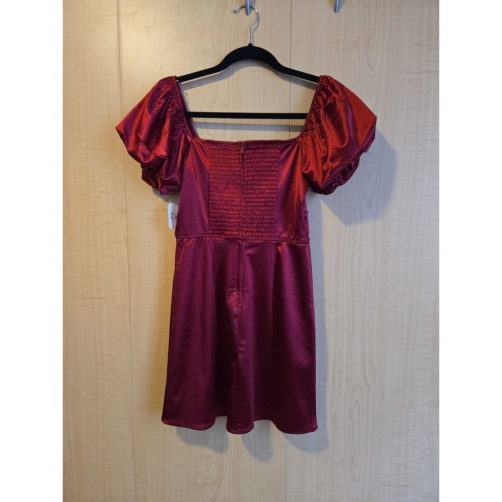 AS Red Satin Puff Sleeve Square Neck Mini Dress XS Burgundy - Picture 3 of 3